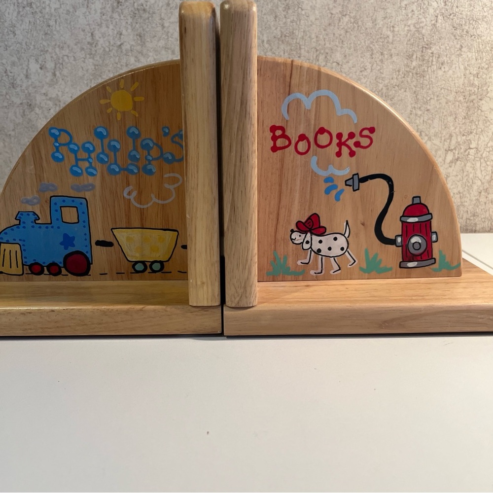 Wooden Bookends with Train and Dog Design Fire truck personalized Philip
